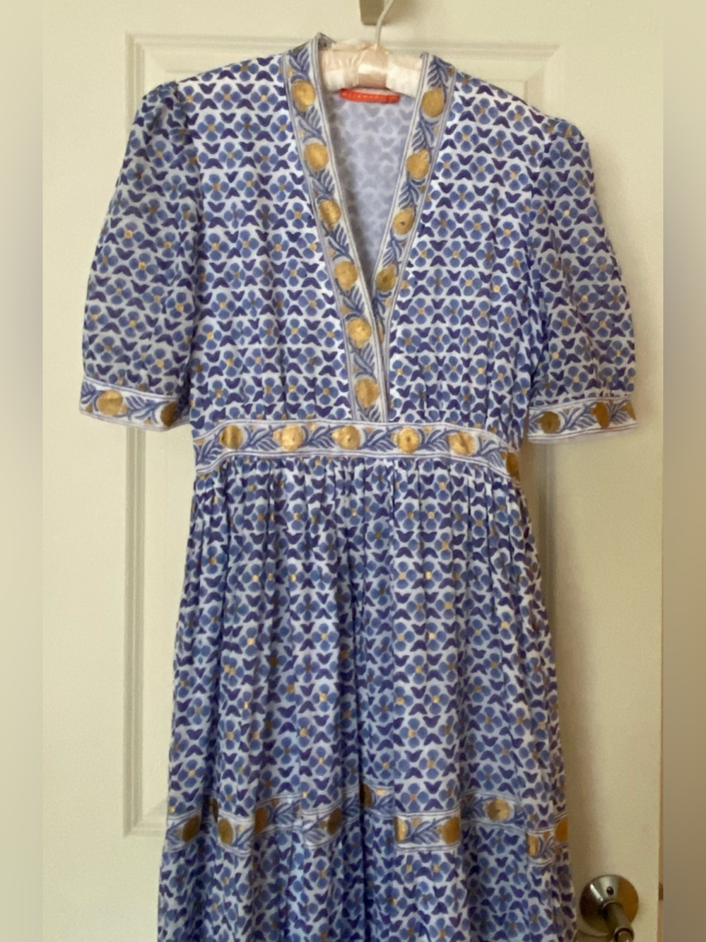 OLIPHANT V-Neck Cuffed Maxi Dress, Block Print, Veranda Blue and Gold, Size XS